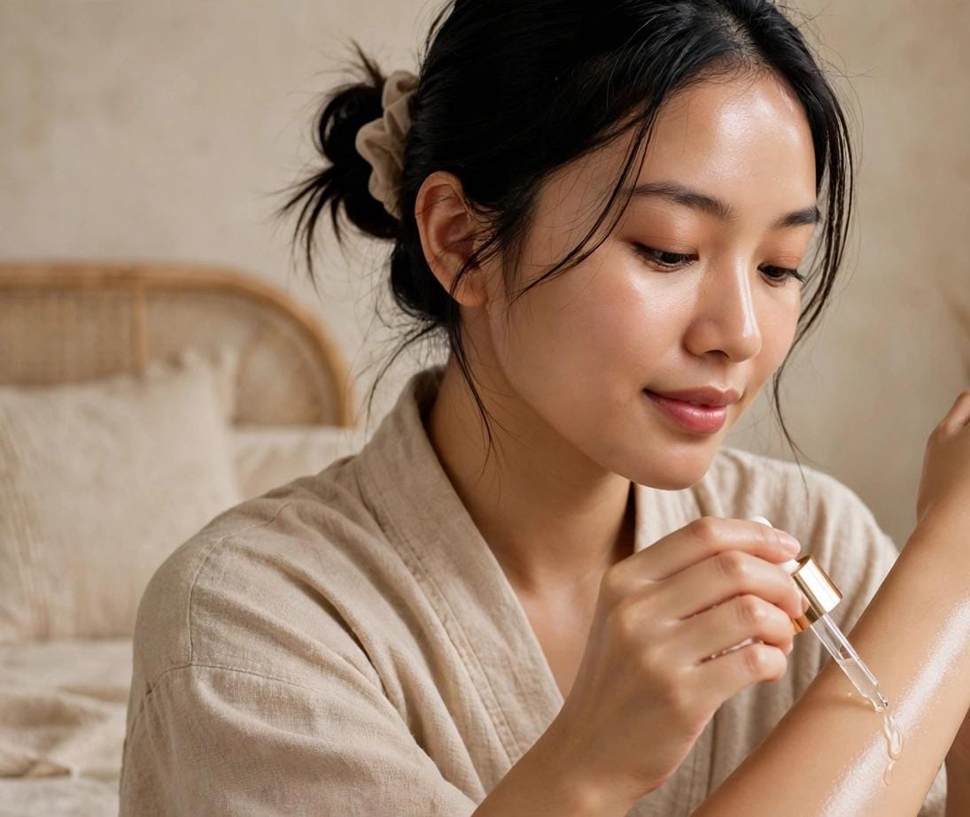 Wanita memakai body serum PDRN DNA Salmon untuk kulit badan cerah dan glowing 2026