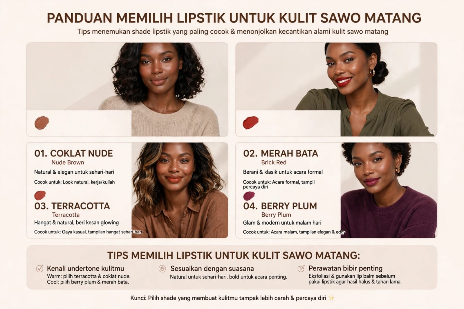 Pilihan warna lipstik nude, pink, mauve, coral, dan merah untuk riasan kulit cokelat