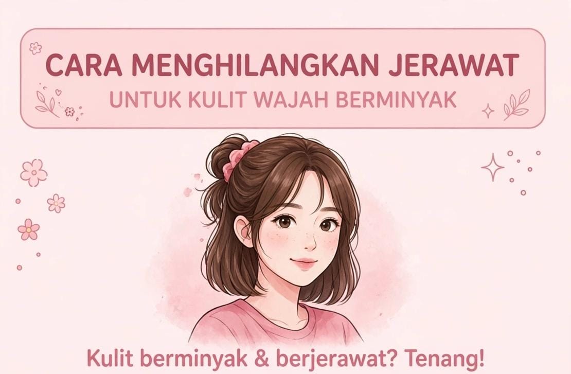 Ilustrasi perempuan merawat wajah berminyak dan berjerawat