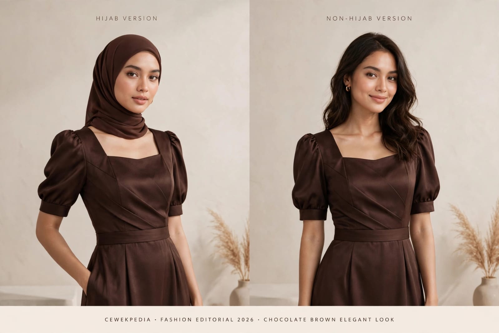 Model cantik memakai chocolate brown outfit elegan hijab dan non hijab tren 2026